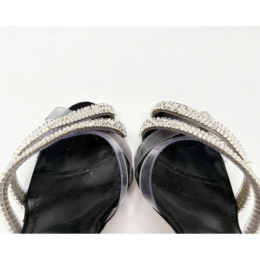 Manolo Blahnik Black Satin & Rhinestone Cross Strap Heels Size EU 38.5